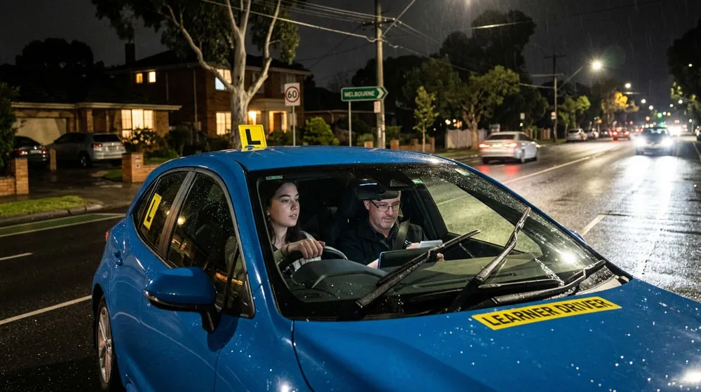 night driving lessons Melbourne – learner practicing safely at night in automatic Toyota Corolla with instructor