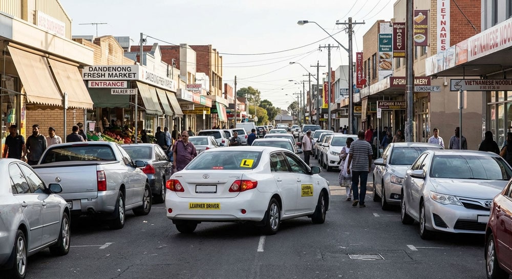Best Driving School & Instructor in Dandenong – From Only $65 Narrow street in Dandenong CBD with parked cars and pedestrians – low-speed manoeuvre practice area