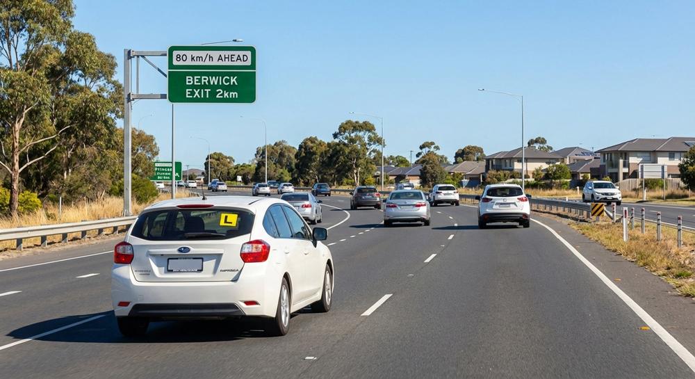 Driving Lessons Berwick from $65 | Best Driving School & VicRoads Test Prep 2026 learner driver practicing lane change and merging on Princes Highway near Berwick for VicRoads drive test preparation