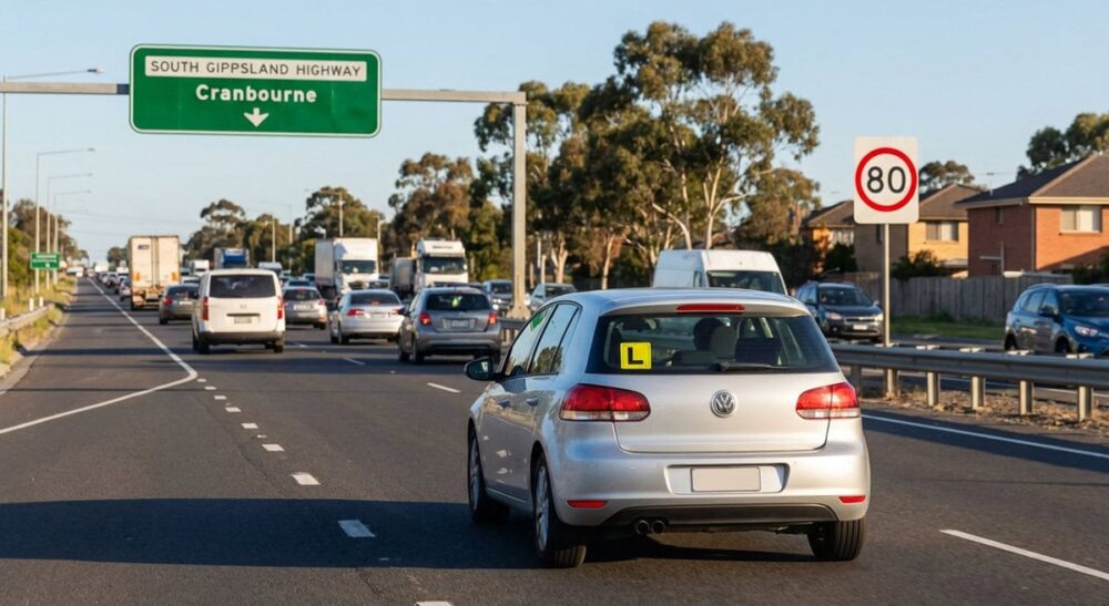 Best Driving School & Instructor in Cranbourne – From Only $65 Learner practicing high-speed merging on South Gippsland Highway in Cranbourne – common VicRoads test route