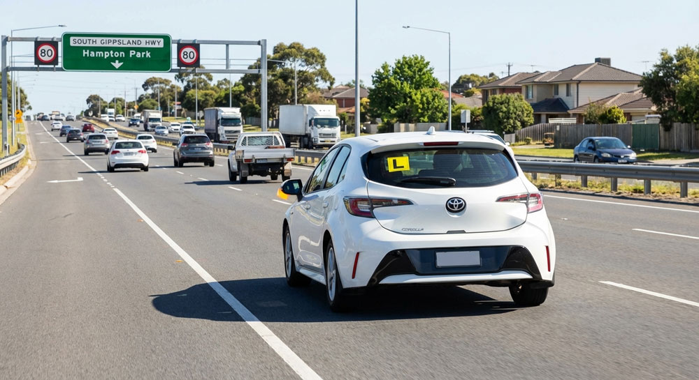 Best Driving School & Instructor in Hampton Park – From Only $65 Learner practicing merging on South Gippsland Highway in Hampton Park – common VicRoads test route