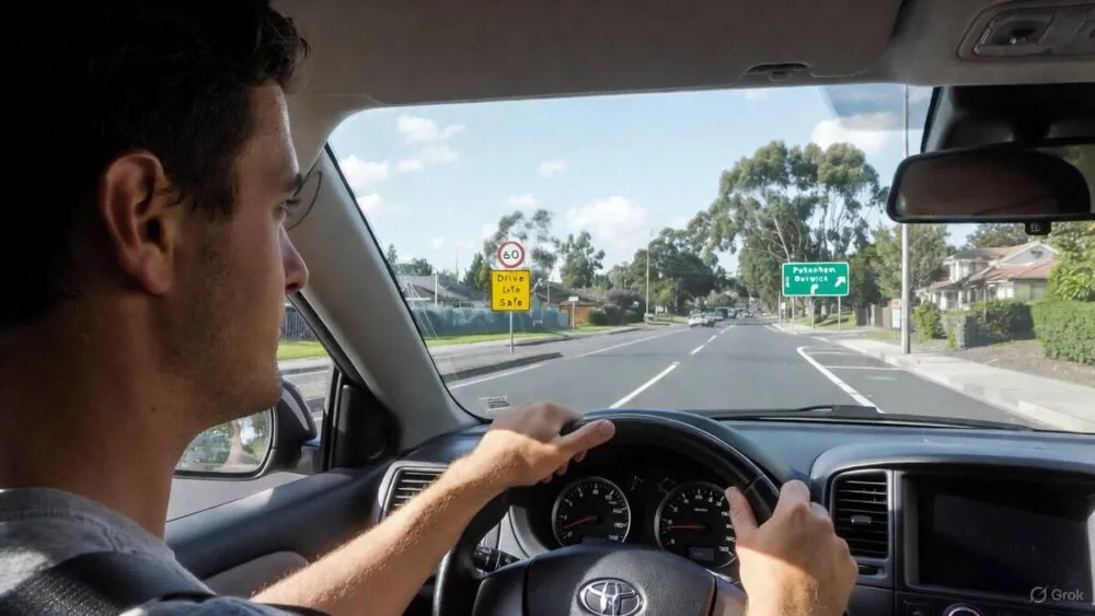 automatic driving lessons in Pakenham – learner driving brand-new Toyota Corolla on local road with instructor