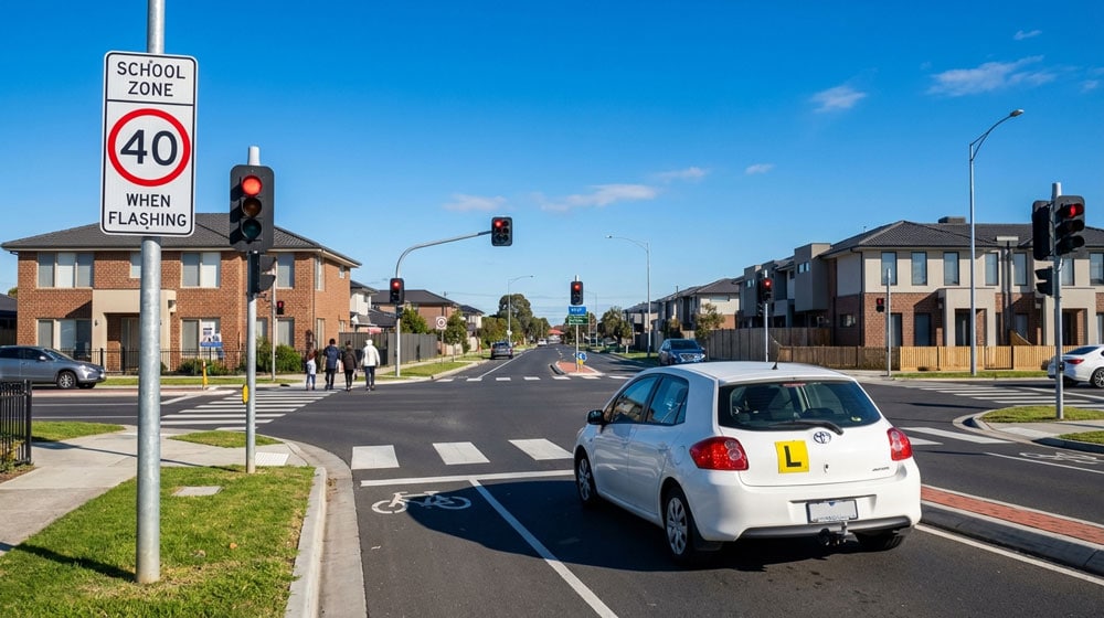 Driving lesson practice on main road in Noble Park – traffic lights and school zone awareness
