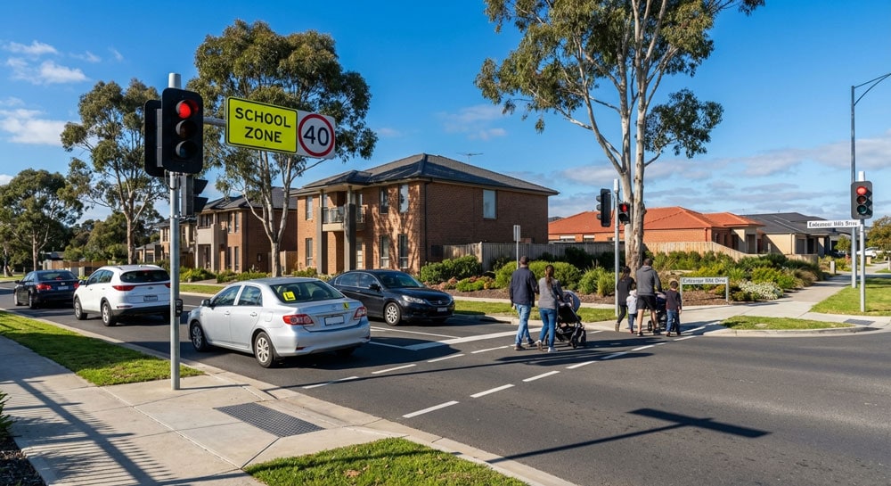 Best Driving School & Instructor in Endeavour Hills – From Only $65 Residential street in Endeavour Hills with parked cars and school zone – reverse parallel parking and manoeuvre practice area