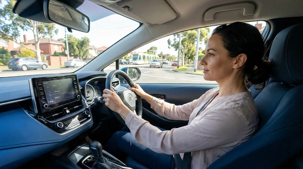 safe driving in Melbourne – confident woman driving automatic Toyota Corolla with proper hand position