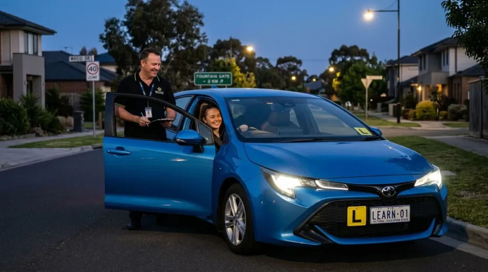 night driving lessons in Narre Warren – male instructor teaching beginner in Toyota Corolla after dark