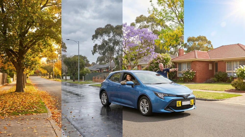 best time to book driving lessons in Melbourne – seasonal tips showing calm learner in automatic Toyota Corolla