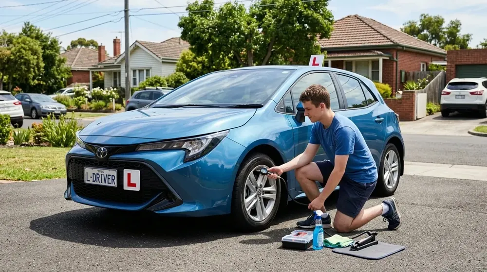 car maintenance tips for new drivers in Melbourne – learner checking tyre pressure on Toyota Corolla