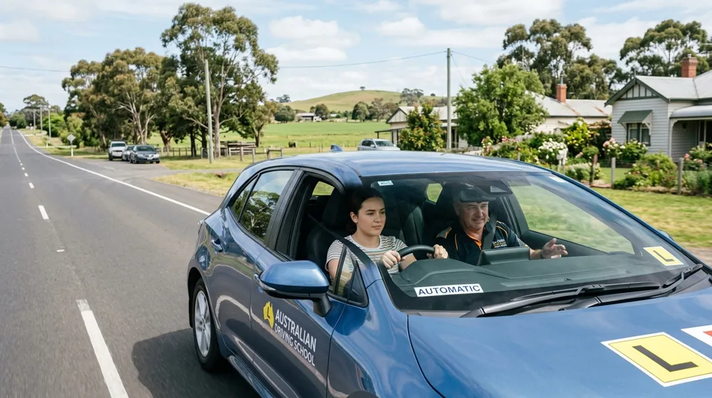 Driving instructor teaching automatic driving lessons in a blue Toyota Corolla in Garfield Victoria