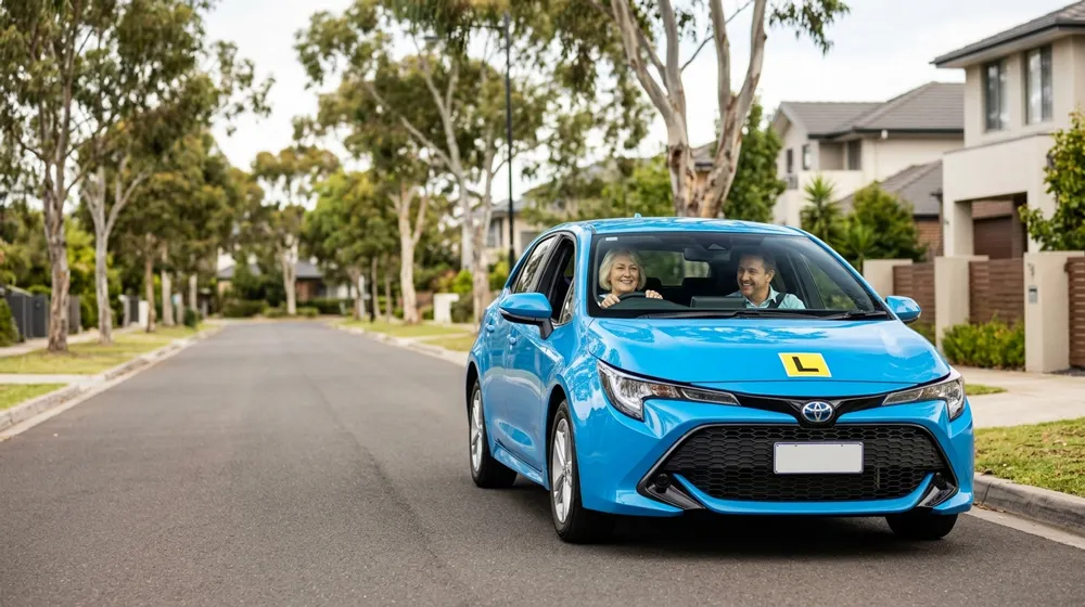 Senior driver taking an automatic refresher driving lesson in a blue Toyota Corolla in Melbourne
